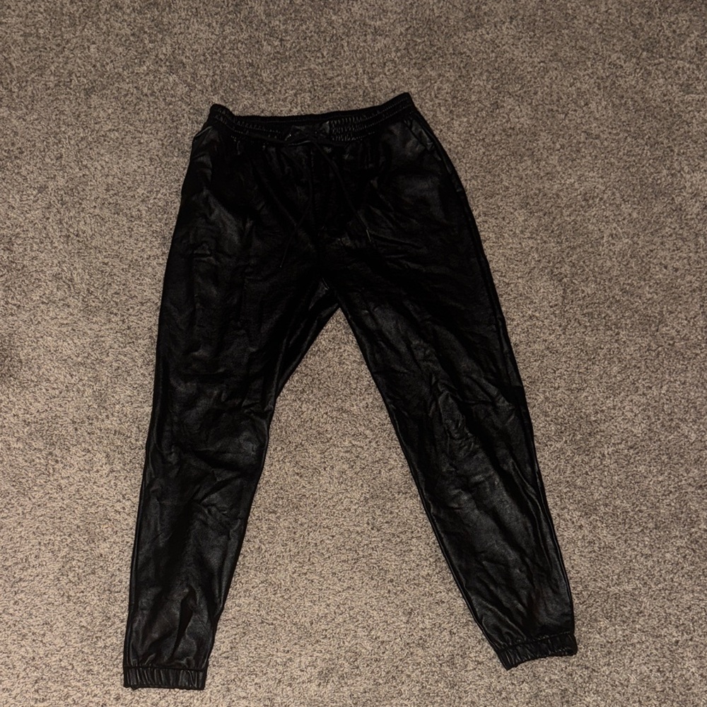 Black Jogger Leather Pants fleece inside